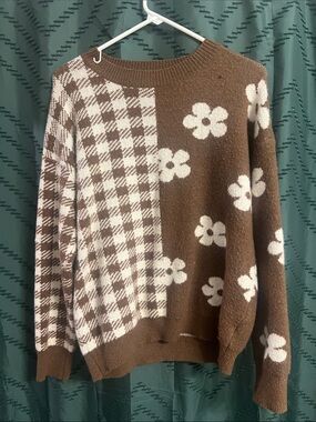 Fate Brown & Cream Floral Plaid Crewneck Sweater